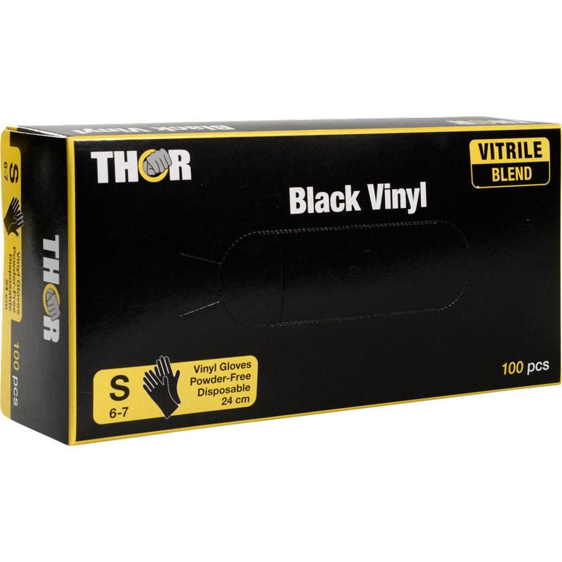 Een doos Thor Black Vinyl, Vitrile Blend, Poedervrij van Abena Re-Seller GmbH, maat S (6-7), bevat 100 poedervrije wegwerphandschoenen in een zwarte en gele verpakking.