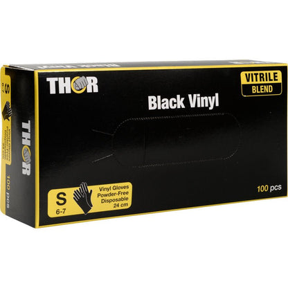 Een doos Thor Black Vinyl, Vitrile Blend, Poedervrij van Abena Re-Seller GmbH, maat S (6-7), bevat 100 poedervrije wegwerphandschoenen in een zwarte en gele verpakking.
