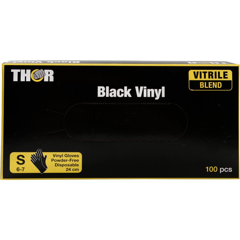 Een 24 cm grote zwart-gele doos van Abena Re-Seller GmbH bevat 100 kleine (6-7) poedervrije Thor Black Vinyl, Vitrile Blend handschoenen.