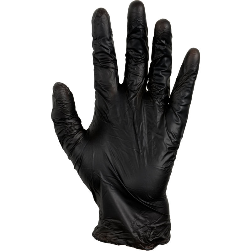Een opgeheven rechterhand, die een gerimpelde zwarte Thor Black Vinyl, Vitrile Blend, Poedervrij handschoen van Abena Re-Seller GmbH draagt, wordt getoond tegen een witte achtergrond.