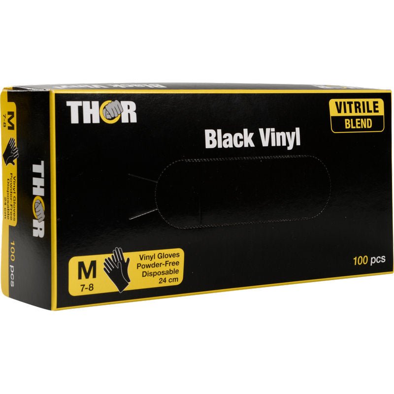 Een zwart-gele doos met het opschrift "Thor Black Vinyl, Vitrile Blend, Poedervrij" van de Abena Re-Seller GmbH bevat 100 middelgrote, poedervrije wegwerphandschoenen. De verpakking toont de vitrilmengsel en bevat maatinformatie en productafbeeldingen.
