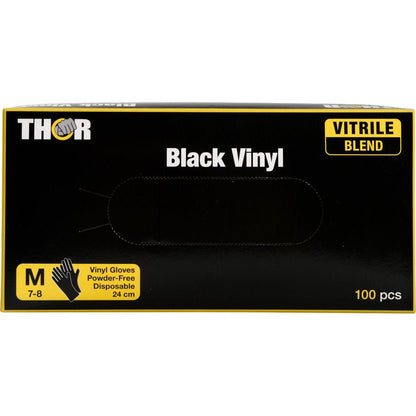 Een doos Thor Black Vinyl Vitrile Blend, poedervrij van Abena Re-Seller GmbH, maat M (7-8), wegwerp, 24 cm lang, bevat 100 stuks. De overwegend zwarte doos heeft gele accenten en tekst.