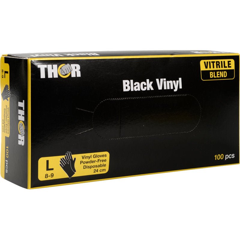 Een doos Thor Black Vinyl, Vitrile Blend, poedervrije wegwerphandschoenen, maat L (8-9), 100 stuks van Abena Re-Seller GmbH. De zwarte doos met gele accenten toont de belangrijkste handschoeninformatie aan de voorkant.
