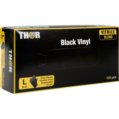 Een doos Thor Black Vinyl, Vitrile Blend, poedervrije wegwerphandschoenen, maat L (8-9), 100 stuks van Abena Re-Seller GmbH. De zwarte doos met gele accenten toont de belangrijkste handschoeninformatie aan de voorkant.