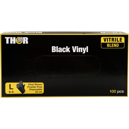 Een doos met 100 Abena Re-Seller GmbH Thor Black Vinyl Vitrile Blend wegwerphandschoenen, maat large (8-9), poedervrij, 24 cm lang. De doos heeft een zwarte achtergrond met gele en witte letters.
