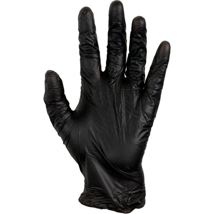 Een rechterhand, die een Thor Black Vinyl, Vitrile Blend, poedervrije handschoen van Abena Re-Seller GmbH met gespreide vingers draagt, wordt getoond tegen een eenvoudige witte achtergrond.