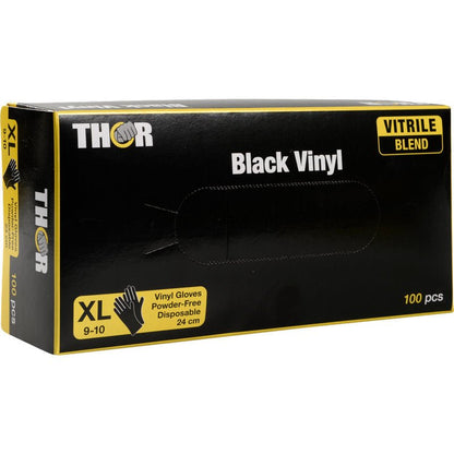 Een zwart-gele doos met het opschrift "Thor Black Vinyl, Vitrile Blend, Poedervrij" van de Abena Re-Seller GmbH bevat 100 XL-wegwerphandschoenen met een duurzame vitril-mix en een gedetailleerde branding aan de voorkant.
