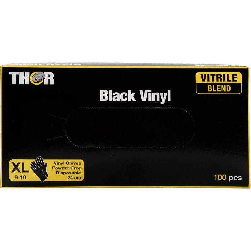 Een doos Thor Black Vinyl, Vitrile Blend, poedervrij van Abena Re-Seller GmbH, maat XL 9-10, bevat 100 stuks (24 cm lang) in zwart-geel design.