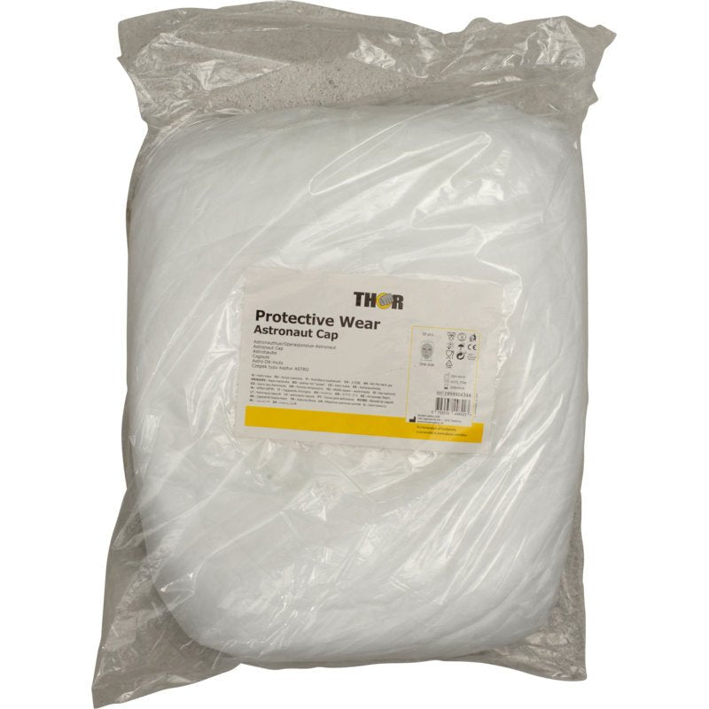 In een doorzichtige plastic zak bevindt zich een gevouwen witte astronautenbeschermkap met de opdruk "Thor Astro-kap met mondbescherming" van Abena Re-Seller GmbH, waarop product- en veiligheidsinformatie op het etiket staat gedrukt.
