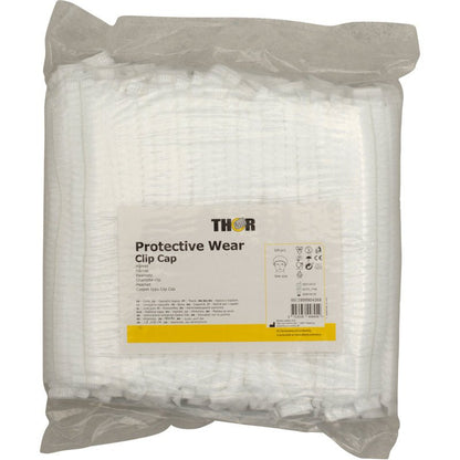 Een verzegelde kunststofverpakking bevat witte wegwerp-Thor Clipkappen, ø 53 cm. Het etiket van Abena Re-Seller GmbH luidt "Protective Wear Clip Cap" met instructies en symbolen - ideaal voor kapsalons en professioneel gebruik.