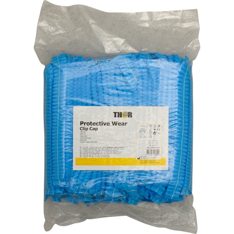 Een doorzichtige plastic zak met blauwe Thor Clipkappen (ø 53 cm) van Abena Re-Seller GmbH, ideaal voor professioneel gebruik in salons. De productinformatie bevindt zich op een wit-geel etiket; ook wel Clipkappen of Clipkappen genoemd.