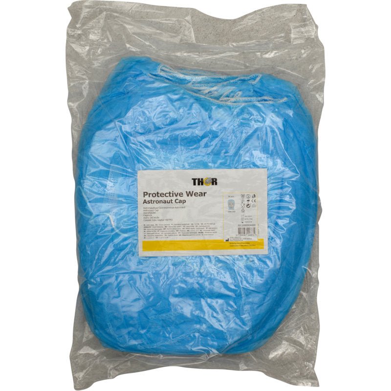 Een verzegelde kunststofverpakking met blauwe "Thor Astro-kap met mondbescherming" van Abena Re-Seller GmbH, met productinformatie op een wit-geel etiket, perfect voor hygiëne en arbeidsbescherming.