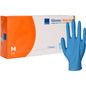 Eine Packung Nitril-Handschuhe, Classic, puderfrei, blau von Abena Re-Seller GmbH (Größe Medium). Ein Handschuh steht aufrecht neben der weiß-orangen Box mit Produktinformationen.