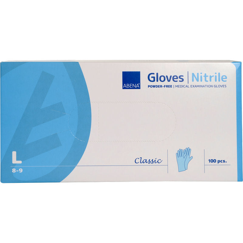 Eine Box Nitril-Handschuhe Classic, puderfrei, blau von Abena Re-Seller GmbH (Größe Large 8-9) enthält 100 Stück. Die Box zeigt alle wichtigen Details zu Handschuhen und Marke auf der Vorderseite.
