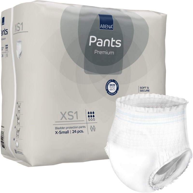 Afgebeeld is een verpakking met 24 ABENA Pants XS1, Premium van Abena Re-Seller GmbH (maat X-Small, pull-up luiers voor volwassenen), waarbij een witte luier buiten de verpakking is voorzien van productinformatie en symbolen.