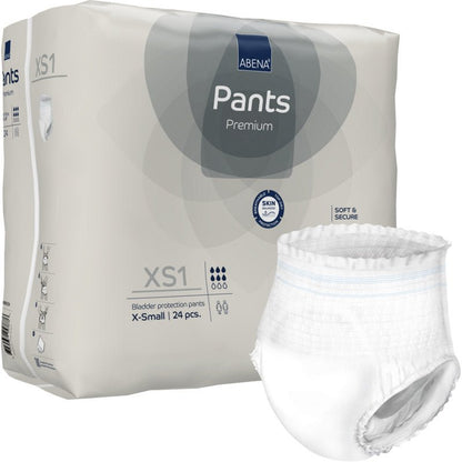 Afgebeeld is een verpakking met 24 ABENA Pants XS1, Premium van Abena Re-Seller GmbH (maat X-Small, pull-up luiers voor volwassenen), waarbij een witte luier buiten de verpakking is voorzien van productinformatie en symbolen.