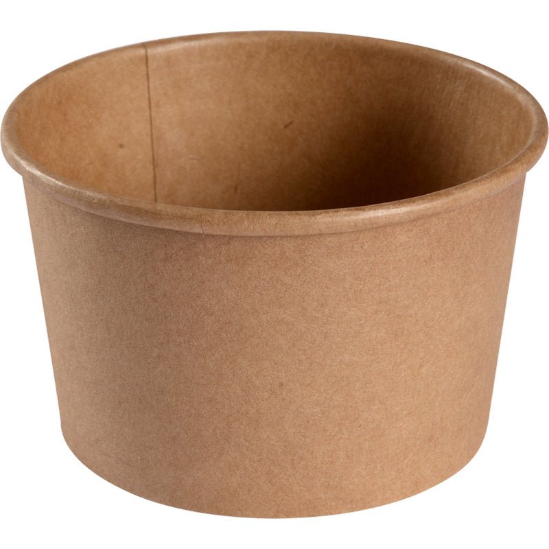 Een kom, 240 ml, ø 9,7 cm van Abena Re-Seller GmbH is afgebeeld in bruin kraft/PE op een witte achtergrond. De beker heeft een glad oppervlak en een gerolde rand. De verpakking bevat 50 stuks.