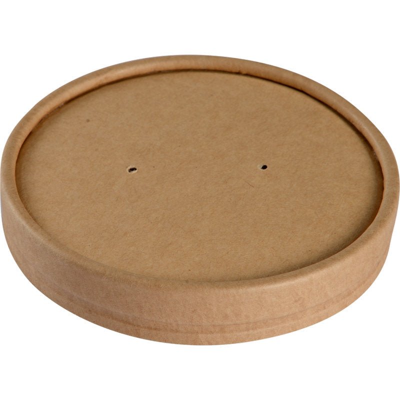 Een ronde, bruine deksel voor schaal (ø 9,7 cm, Kraft/PE) van Abena Re-Seller GmbH met twee kleine middelgaten, ontworpen als horeca-accessoire voor schalen; verpakking bevat 25 stuks. Gefotografeerd tegen een witte achtergrond.