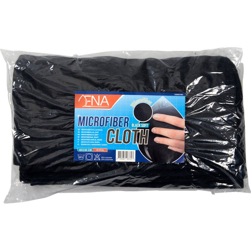 Een transparante plastic verpakking bevat 10 gevouwen zwarte ENA Soft microvezeldoeken (40x40 cm) van Abena Re-Seller GmbH met een blauw-zwart "Microvezeldoek"-etiket - perfect voor autoverzorging of huishoudelijke reiniging.