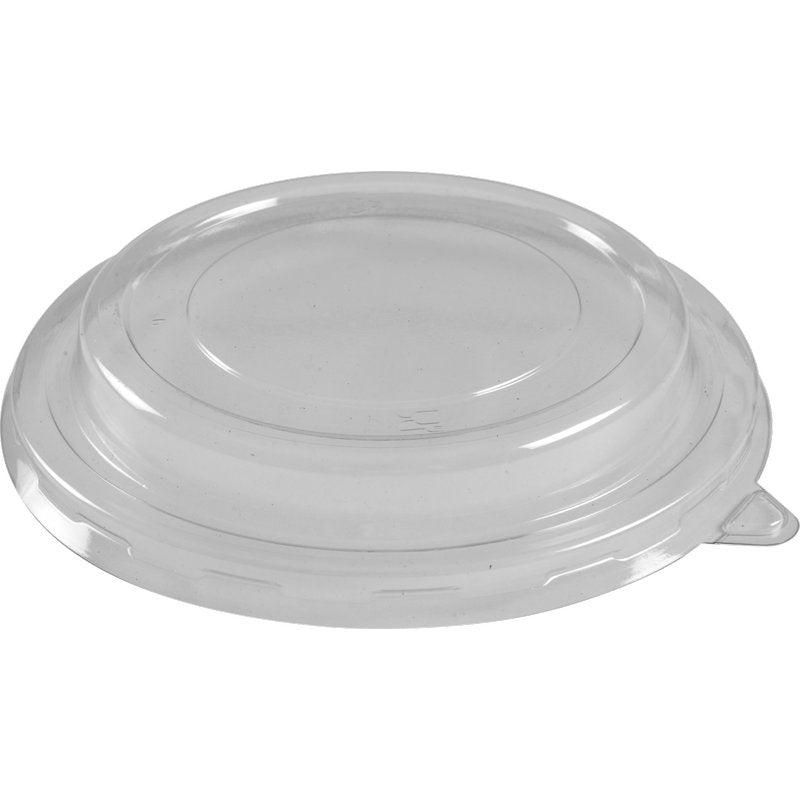 Een transparant, rond RPET-deksel voor schaal (ø14,5 cm) van Abena Re-Seller GmbH met verhoogd midden en kleine lip, afgebeeld op witte achtergrond. Verpakking met 50 stuks.