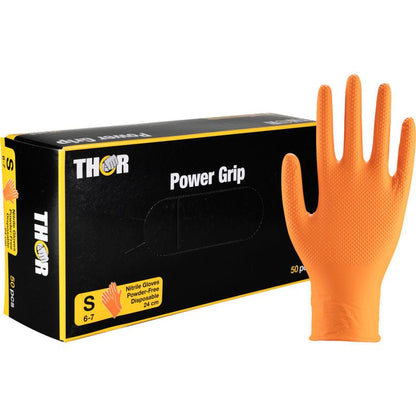 Afgebeeld is een doos Abena Re-Seller GmbH Thor Power Grip, Oranje Wegwerp-Nitrilhandschoenen (klein) met een gestructureerde handschoen rechtop ernaast. De verpakking benadrukt het poedervrije, duurzame ontwerp en de uitzonderlijke grip - ideaal voor onderarmtraining.