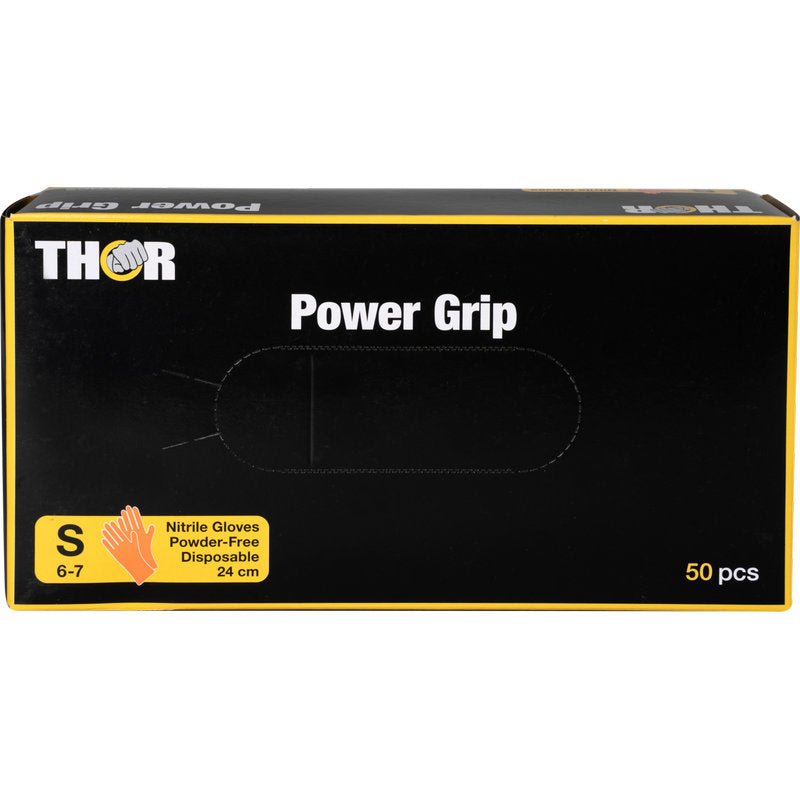 Een oranje doos met het opschrift "Thor Power Grip" van Abena Re-Seller GmbH bevat 50 kleine (6-7) poedervrije wegwerp-nitrilhandschoenen (24 cm lang). Ideaal voor gripkracht en onderarmtraining.