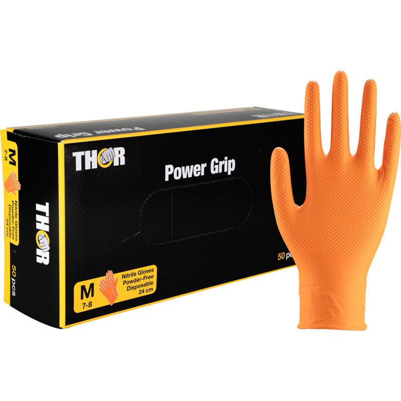 Een doos Abena Re-Seller GmbH Thor Power Grip, Oranje Nitrilhandschoenen (maat M, 50 stuks) met een getextureerde handschoen die rechtop naast de doos is afgebeeld. Ideaal voor gripkracht en onderarmtraining.