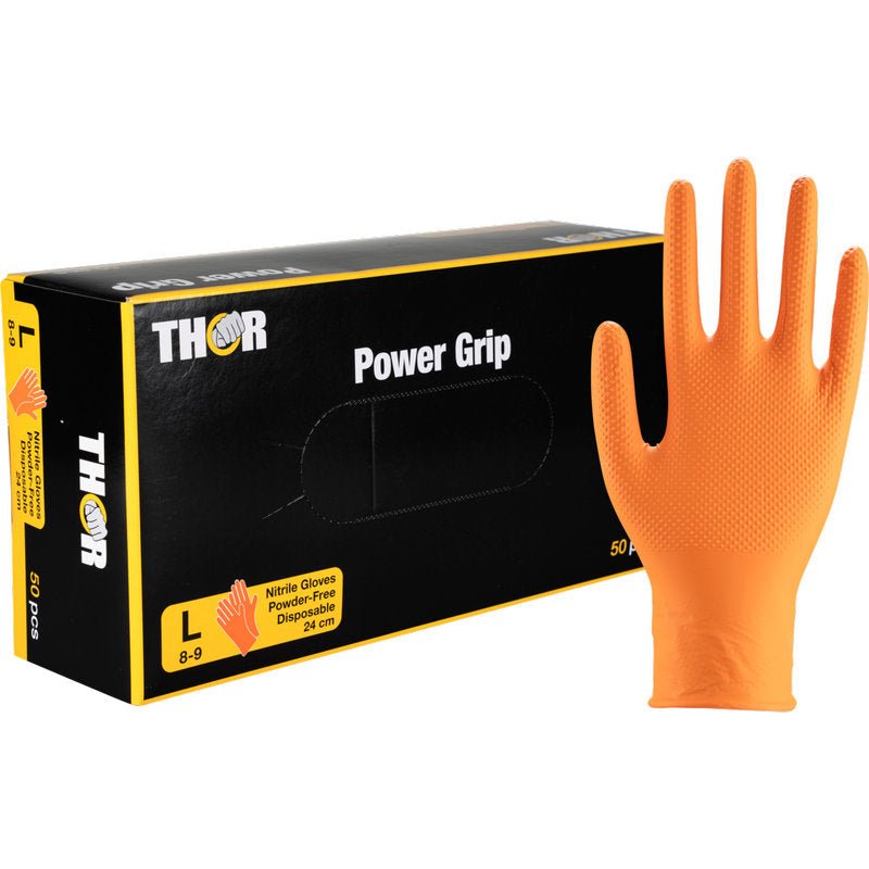 Afgebeeld is een doos Thor Power Grip, Oranje Nitrilhandschoenen van Abena Re-Seller GmbH, naast een rechtopstaande handschoen. De zwart-gele verpakking benadrukt de maat L, bevat 50 handschoenen en promoot ze als handkrachttrainer.
