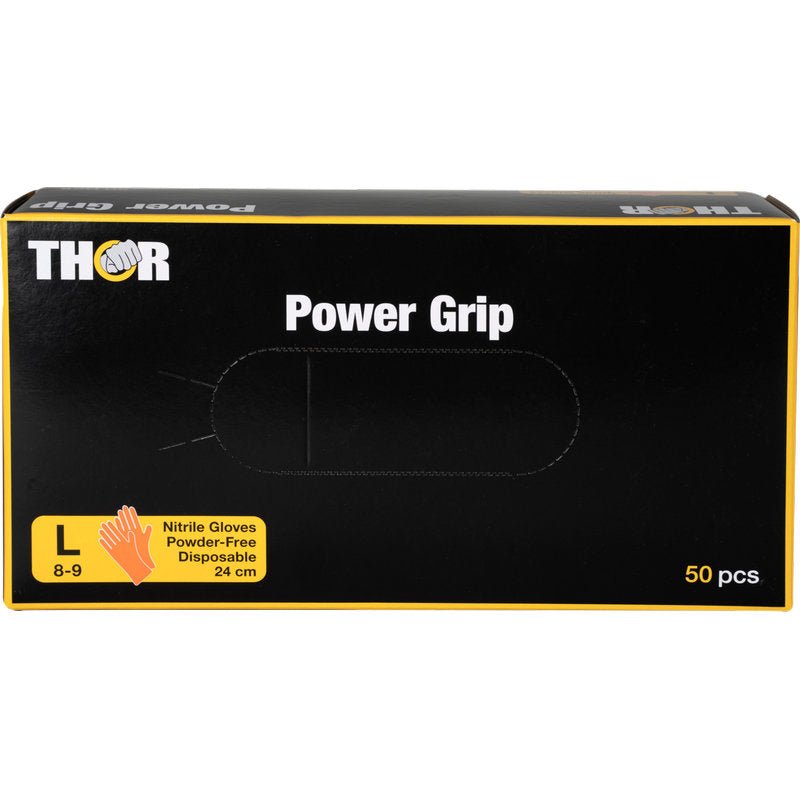 Een oranje doos met het opschrift "Thor Power Grip" van Abena Re-Seller GmbH bevat 50 grote (8-9), poedervrije wegwerp-nitrilhandschoenen. Het geel-witte etiket toont een afbeelding van de handschoen en benadrukt zijn hoge grip.