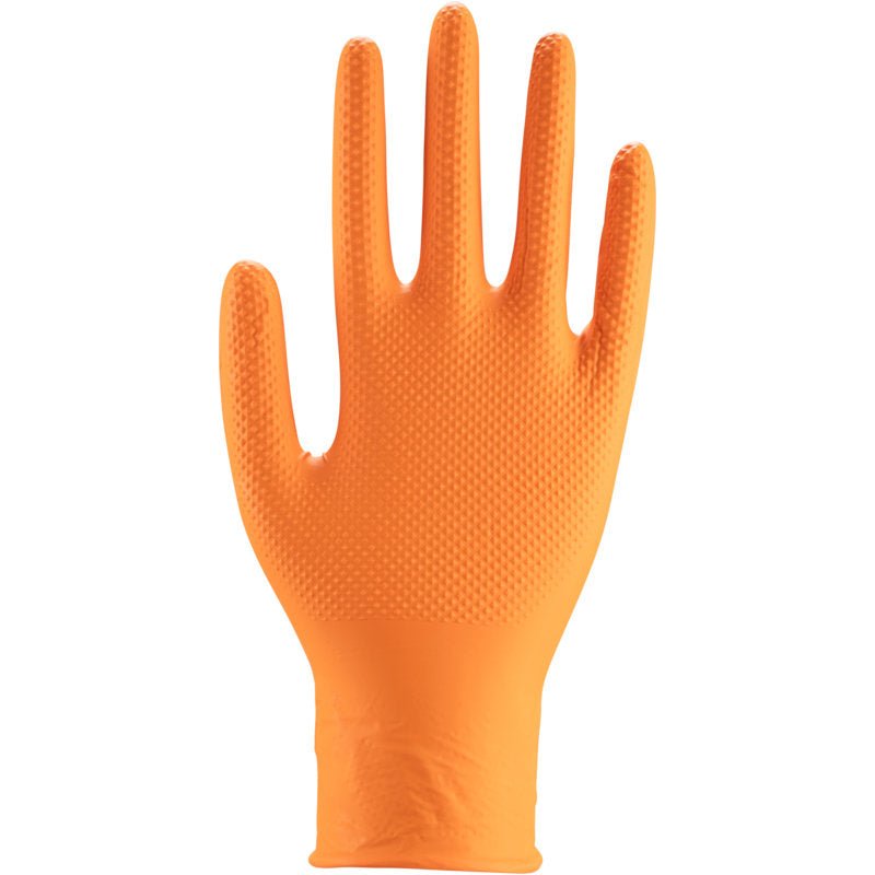 De Abena Re-Seller GmbH Thor Power Grip, Oranje Wegwerphandschoen is rechtop met gespreide vingers afgebeeld, ideaal voor gripkracht- en onderarmtraining handtrainer oefeningen. Hij is gemaakt van getextureerd nitril- of latexmateriaal.