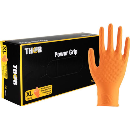 Een doos Abena Re-Seller GmbH Thor Power Grip Oranje Nitrilhandschoenen, maat XL, met een handschoen rechtop naast de verpakking. De doos toont dat het wegwerphandschoenen zijn, die poedervrij zijn en ideaal voor werkzaamheden waarbij extra gripkracht vereist is.