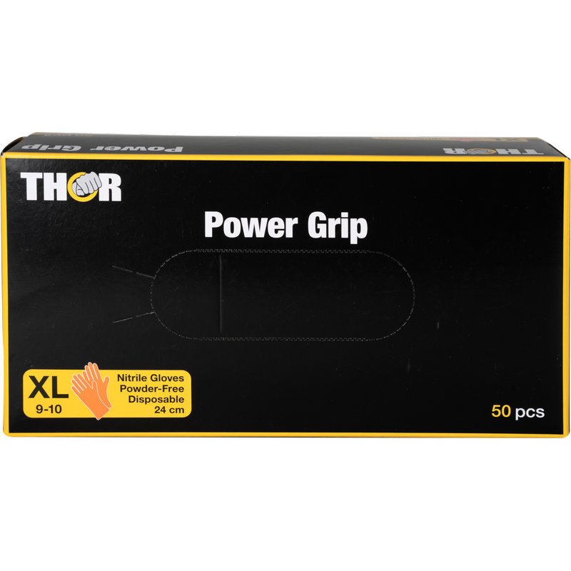 Een doos met het opschrift "Thor Power Grip, Oranje" van Abena Re-Seller GmbH bevat 50 poedervrije wegwerp-nitrilhandschoenen in formaat XL (9-10), 24 cm lang, met een geel handsymbool en productinformatie op de voorkant voor een betere grip.