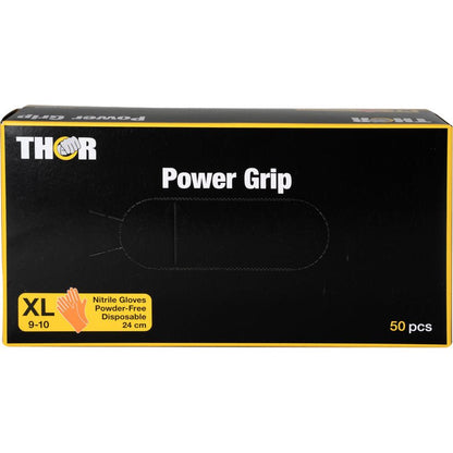 Een doos met het opschrift "Thor Power Grip, Oranje" van Abena Re-Seller GmbH bevat 50 poedervrije wegwerp-nitrilhandschoenen in formaat XL (9-10), 24 cm lang, met een geel handsymbool en productinformatie op de voorkant voor een betere grip.
