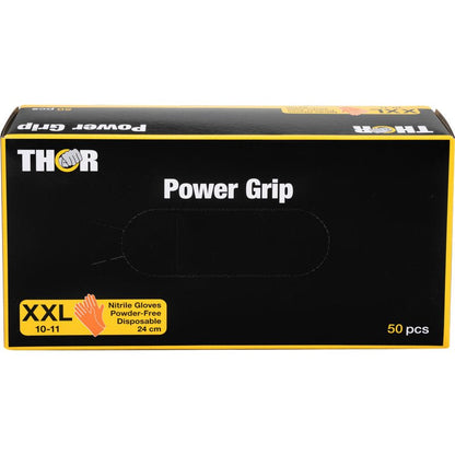 Een oranje doos met het opschrift "Thor Power Grip" van Abena Re-Seller GmbH bevat 50 poedervrije XXL-wegwerphandschoenen van nitril (maat 10-11, 24 cm), ideaal voor extra gripkracht bij onderarmtraining of als handtrainer.