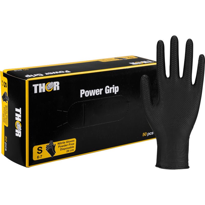 Een doos Thor Power Grip, Zwart van Abena Re-Seller GmbH, maat S 6-7, met een rechtop afgebeelde handschoen. Perfect voor krachttraining of gewichtheffen; de doos bevat 50 poedervrije wegwerphandschoenen.