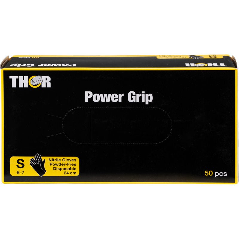 Een zwarte doos met de opdruk "Thor Power Grip, Zwart" van Abena Re-Seller GmbH bevat 50 kleinformaat, poedervrije wegwerphandschoenen van nitril voor krachttraining of gewichtheffen. Een geel etiket aan de voorkant toont maat S en 24 cm handschoenlengte.