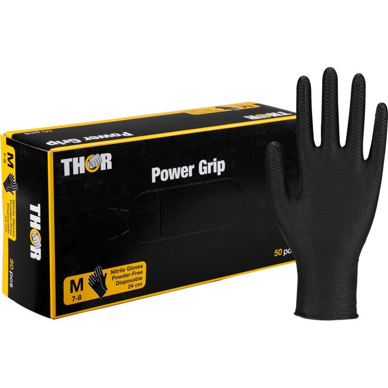 Een zwarte wegwerp-nitrilhandschoen, perfect voor krachttraining of gewichtheffen, is afgebeeld naast een zwart-gele "Thor Power Grip, Zwart"-doos (maat M, poedervrij, 50 stuks) van Abena Re-Seller GmbH.