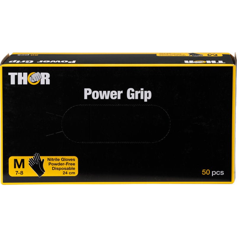 Een doos Thor Power Grip, Zwart van Abena Re-Seller GmbH, bevat 50 middelgrote (7-8), poedervrije wegwerp-nitrilhandschoenen (24 cm). Zwart met gele accenten en handschoenafbeelding. Ideaal voor krachttraining of gewichtheffen.