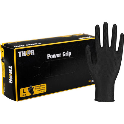 Een doos Thor Power Grip, Zwart van Abena Re-Seller GmbH (grote, poedervrije, zwarte nitrilhandschoenen) met een handschoen rechtopstaand. De verpakking toont 50 wegwerphandschoenen - ideaal voor krachttraining of gewichtheffen.