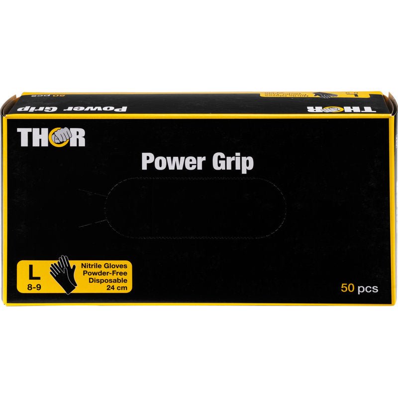 Een zwarte doos met de opdruk "Thor Power Grip, Zwart" van Abena Re-Seller GmbH bevat 50 grote (maat L, 8-9), 24 cm lange, poedervrije nitrilhandschoenen, ideaal voor krachttraining en gewichtheffen. Tekst en grafiek zijn geel en wit.