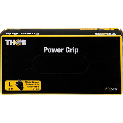Een zwarte doos met de opdruk "Thor Power Grip, Zwart" van Abena Re-Seller GmbH bevat 50 grote (maat L, 8-9), 24 cm lange, poedervrije nitrilhandschoenen, ideaal voor krachttraining en gewichtheffen. Tekst en grafiek zijn geel en wit.