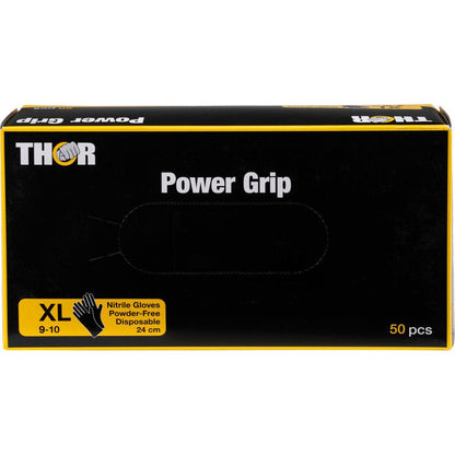 Een zwart-gele doos Thor Power Grip, Zwart nitrilhandschoenen van Abena Re-Seller GmbH, maat XL (9-10), poedervrij, wegwerp, 24 cm lang, 50 stuks per doos. Met productinformatie en handschoenafbeelding aan de voorkant; ideaal voor krachttraining.