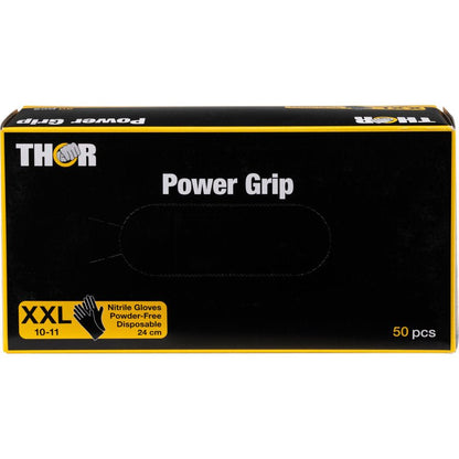 De Abena Re-Seller GmbH Thor Power Grip, Zwart doos bevat 50 zwart-gele, poedervrije wegwerphandschoenen van nitril in XXL-formaat (10-11). De opdruk 'Krachttraining' is aan de voorkant in wit en geel gedrukt.