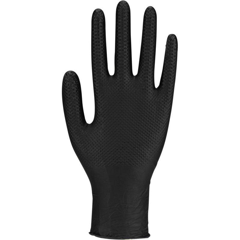 Een enkele Thor Power Grip, Zwart wegwerphandschoen van Abena Re-Seller GmbH wordt rechtop met gestrekte vingers en naar voren gerichte handpalm voor een witte achtergrond gepresenteerd, om zijn gestructureerde zwarte ontwerp voor krachttraining te benadrukken.