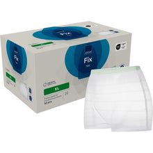 Een witte ABENA Fixeerbroek van Abena Re-Seller GmbH wordt getoond voor een doos van 50 stuks "ABENA Fix Net XL"; unisex en ideaal voor de veilige fixatie van incontinentieproducten.