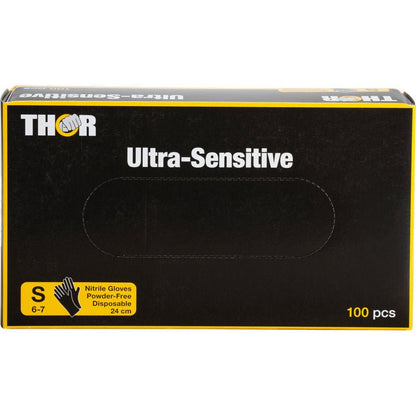 Een zwarte doos met het opschrift "Thor Ultra Sensitive, nitril handschoen, zwart" van Abena Re-Seller GmbH bevat 100 kleine (6-7) nitrilhandschoenen met gele accenten en een handschoengrafiek in de linkeronderhoek.