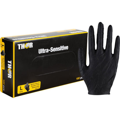 Een doos Abena Re-Seller GmbH Thor Ultra Sensitive nitril handschoen, zwart, maat groot (100 stuks), met een zwarte handschoen rechts afgebeeld.