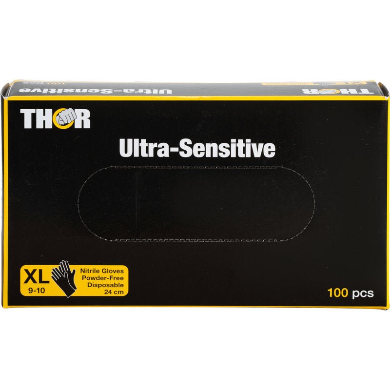 Een doos Abena Re-Seller GmbH Thor Ultra Sensitive nitril handschoen, zwart, maat XL (9-10), poedervrij, wegwerp, 24 cm, 100 stuks. De zwarte doos heeft witte/gele opdruk en een handschoensymbool.