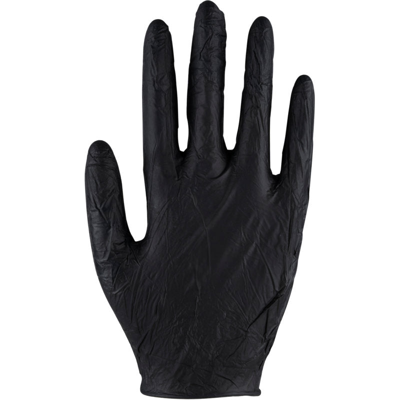 Een enkele Thor Ultra Sensitive nitril handschoen zwart van Abena Re-Seller GmbH is rechtop afgebeeld met gespreide vingers voor een witte achtergrond. Het oppervlak van de handschoen lijkt licht gekreukt.