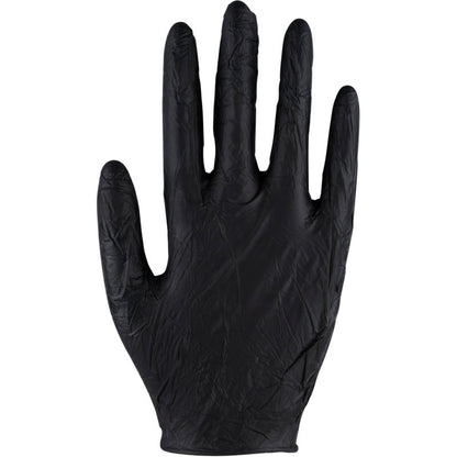 Een enkele Thor Ultra Sensitive nitril handschoen zwart van Abena Re-Seller GmbH is rechtop afgebeeld met gespreide vingers voor een witte achtergrond. Het oppervlak van de handschoen lijkt licht gekreukt.